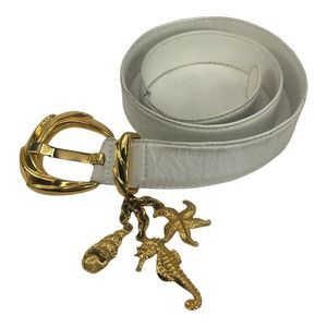 Vintage Escada White Leather Gold Nautical Seahorse Starfish Charm Belt Size 40